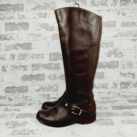 Me Too Arctic Brown Leather Round Toe Buckle Knee High Boots D 627 - Picture 1 of 13